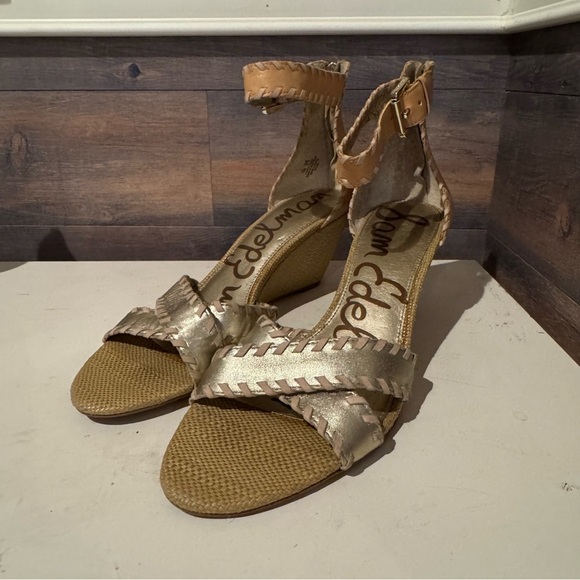 Sam Edelman Leather Silvia Wedge Sandals Shoes Women’s Size 10 Gold Brown Ankle - Picture 7 of 10